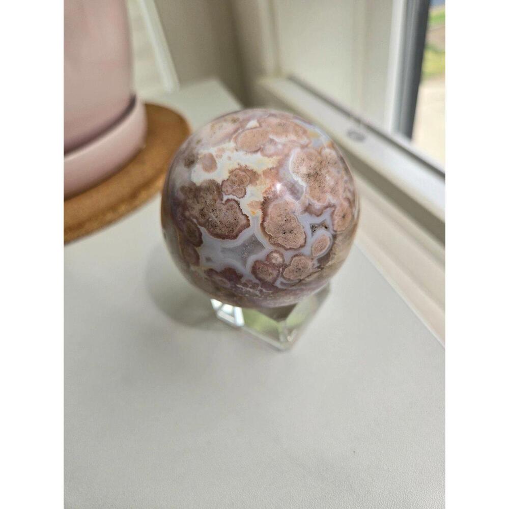 Large Flower Agate Sphere on Crystals